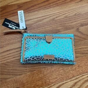 Consuela Slim Kat Wallet in Turquoise Leopard Print with Tan Trim